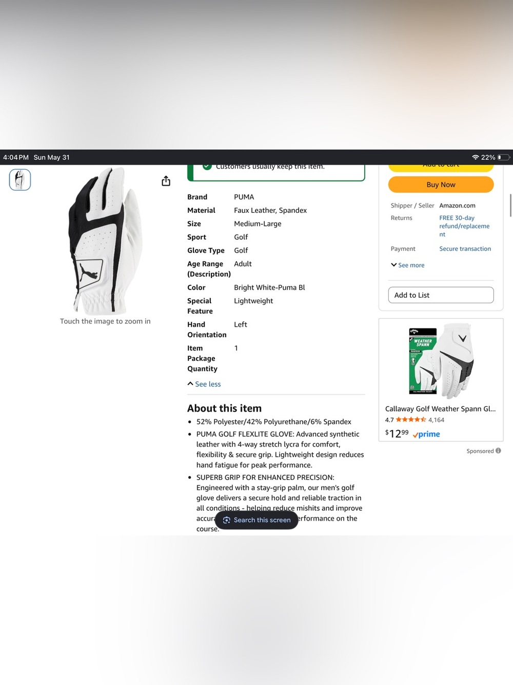 New With Tags Puma Grey and White Flex Lite Left-Hand Golf Glove Men’s Size M/L. - Picture 5 of 13